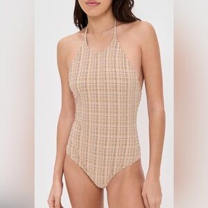 Lisa Marie Fernandez Halter Maillot Beige Plaid One-Piece Swimsuit